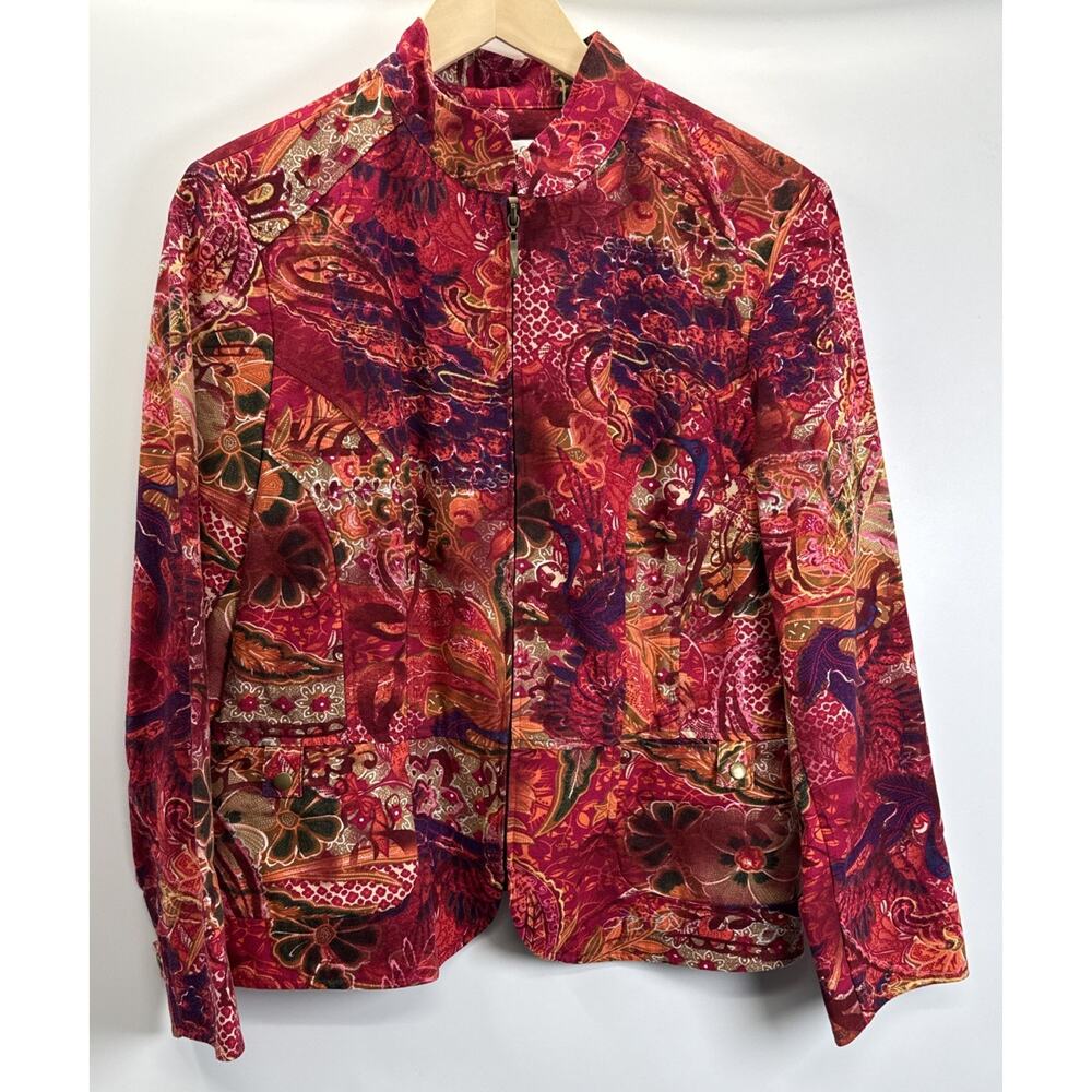 Coldwater Creek Women's Petite PL Red Paisley Zip Jacket Pockets Short LS